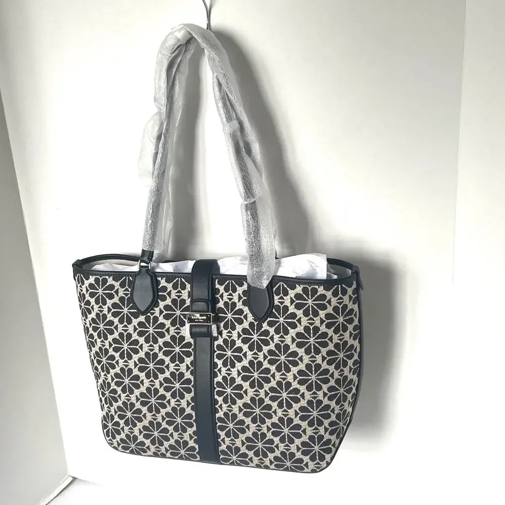 Kate Spade Black Flower Jacquard Tote Medium Leather Trim Shoulder Bag